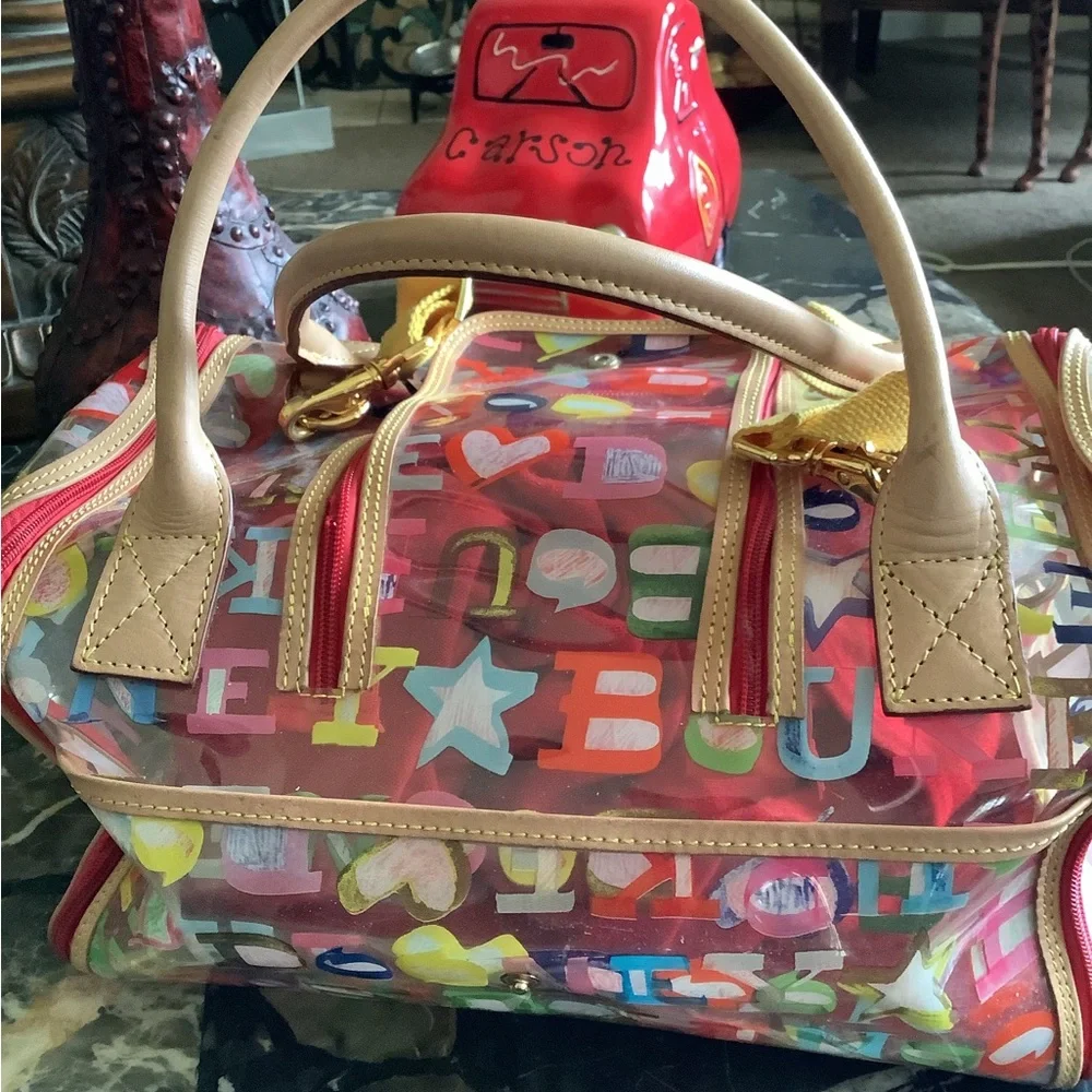 Rare Dooney & Bourke scribble graffiti clear vinyl colorful pet dog carrier 13x8